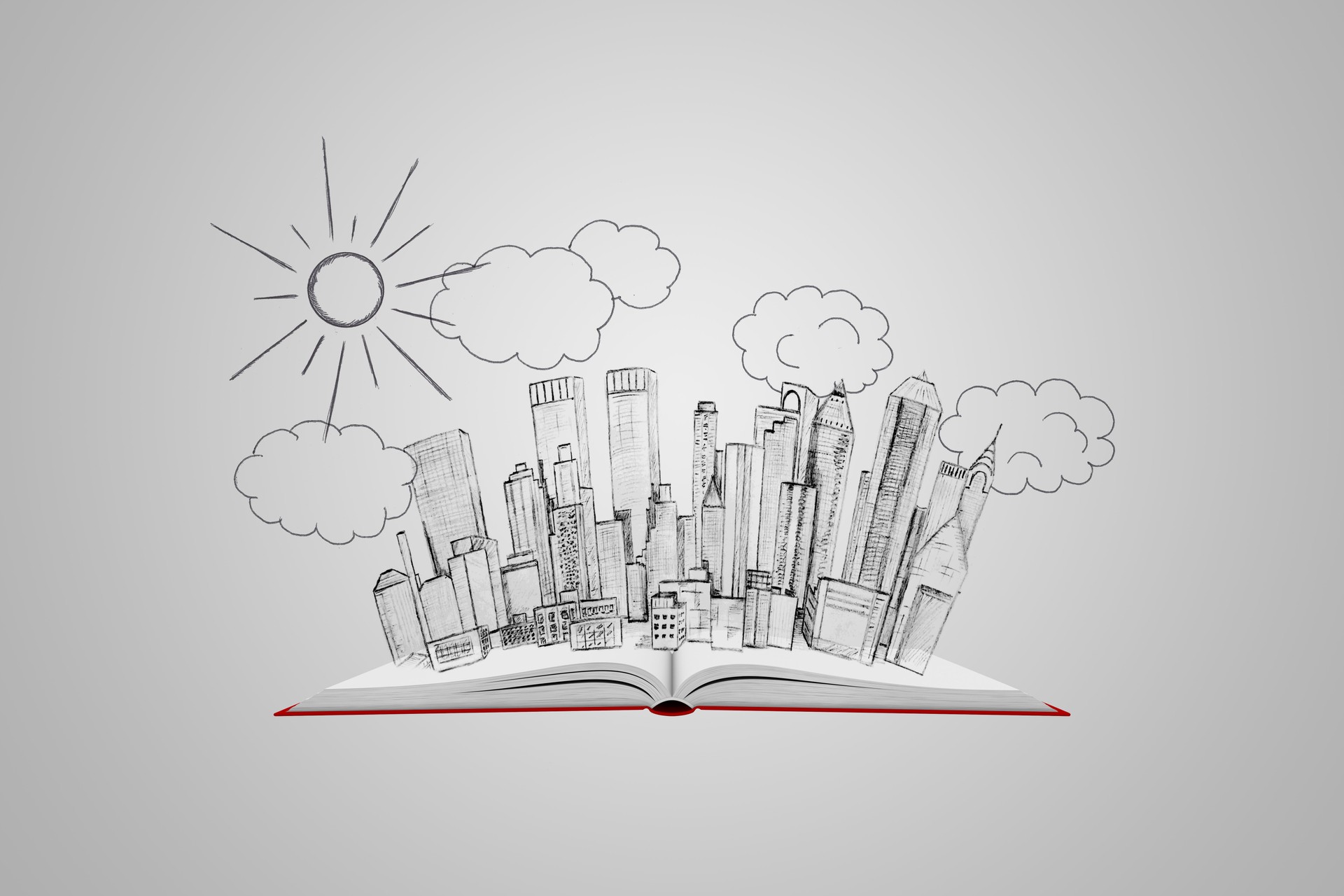 Open book with a picture of the urban landscape on